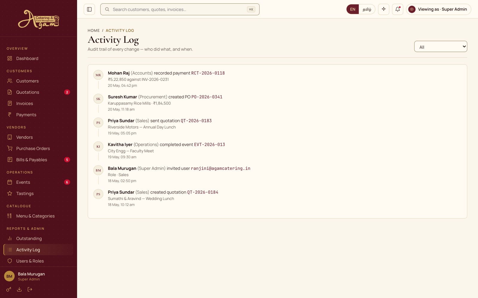 The activity log listing recent changes by user and time.
