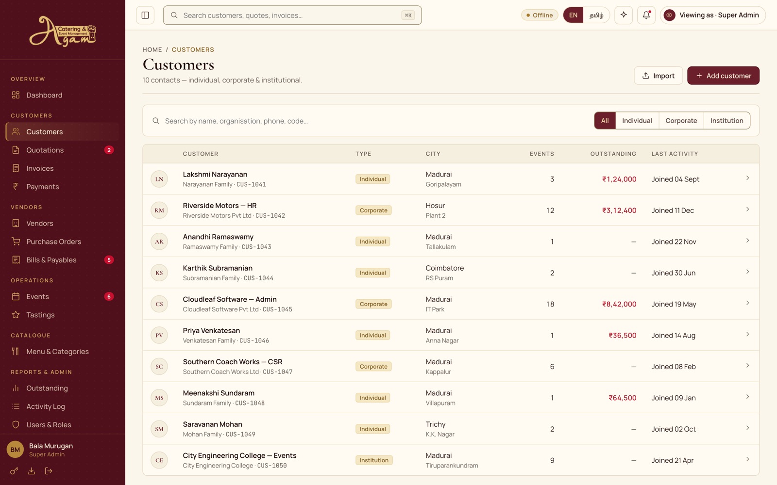 Agam CRM working offline, with an offline badge and changes waiting to sync.