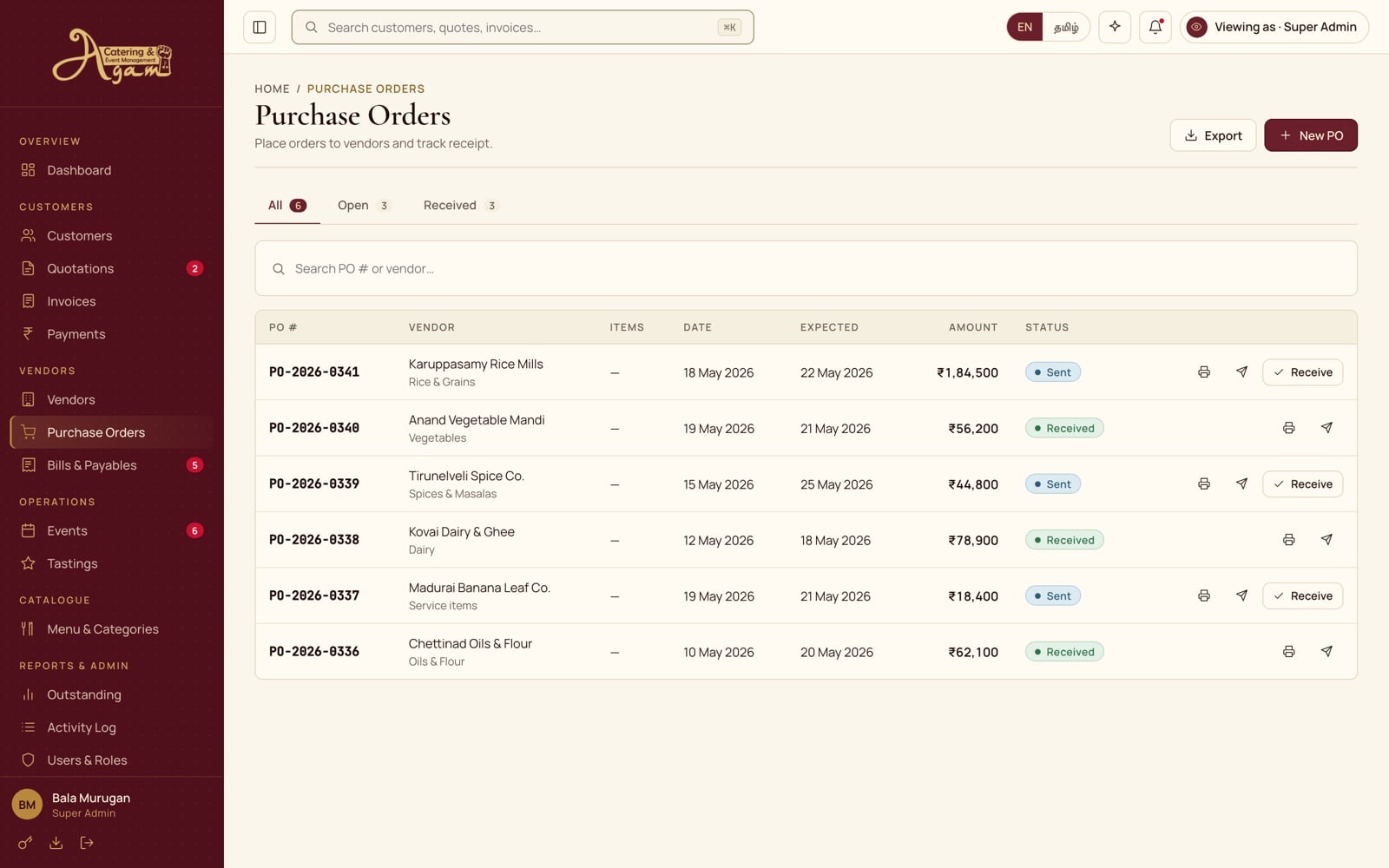 The purchase orders list with vendors, amounts and delivery status.